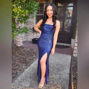 Lulu’s Evenings of Elegance Navy Blue Sequin Lace-Up Maxi Dress